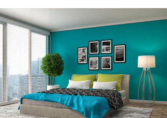 bedroom with blue wall