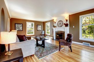 living room with brown walls