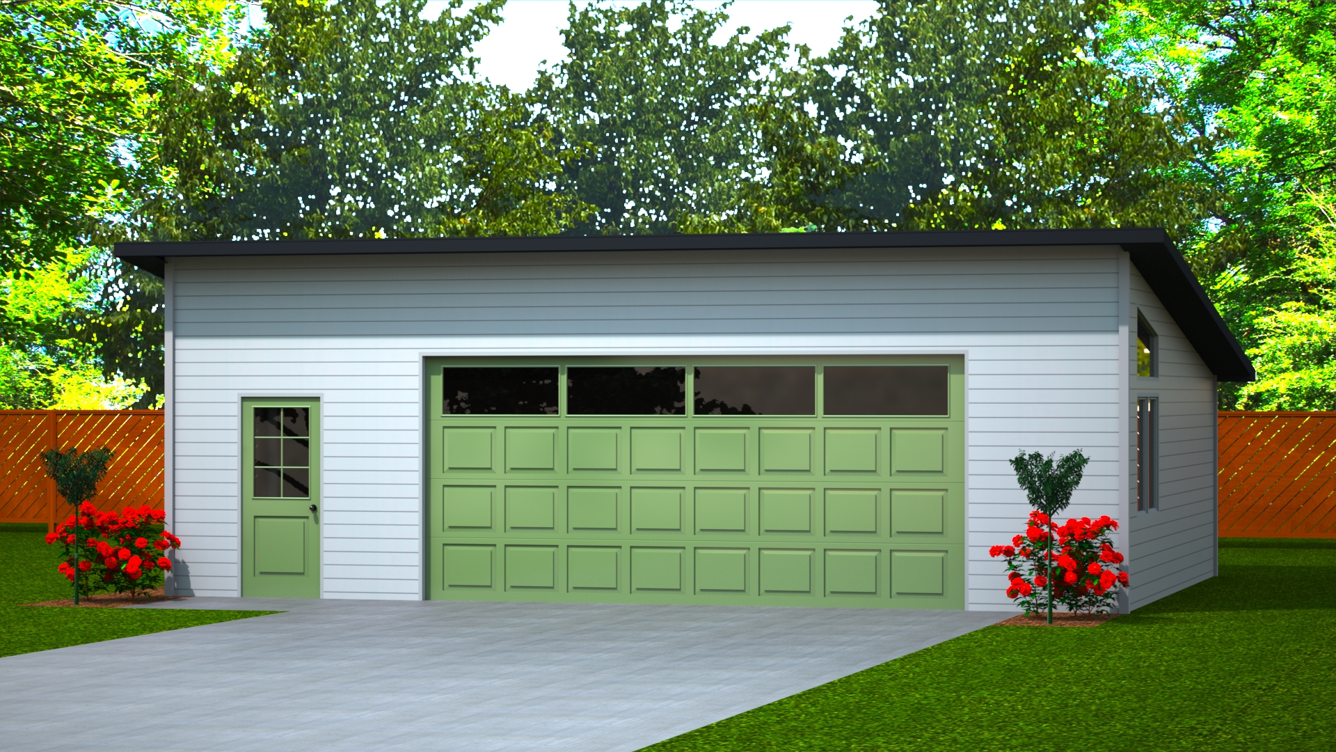 704 sq.ft. timber mart 2 car garage exterior render