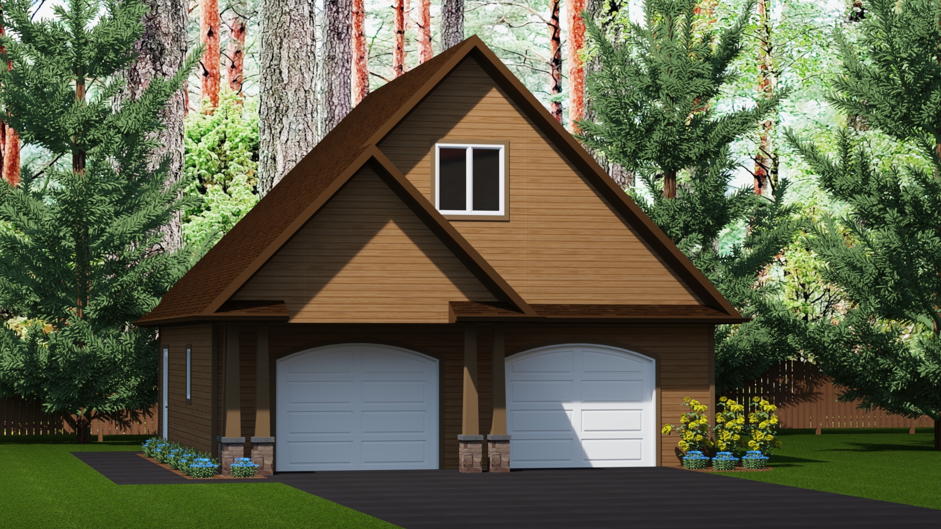 812 sq.ft. timber mart 2 car garage exterior render