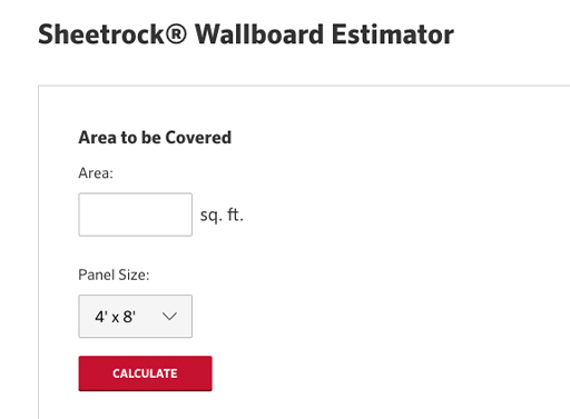 Image of the CGC Sheetrock® wallboard estimator interface